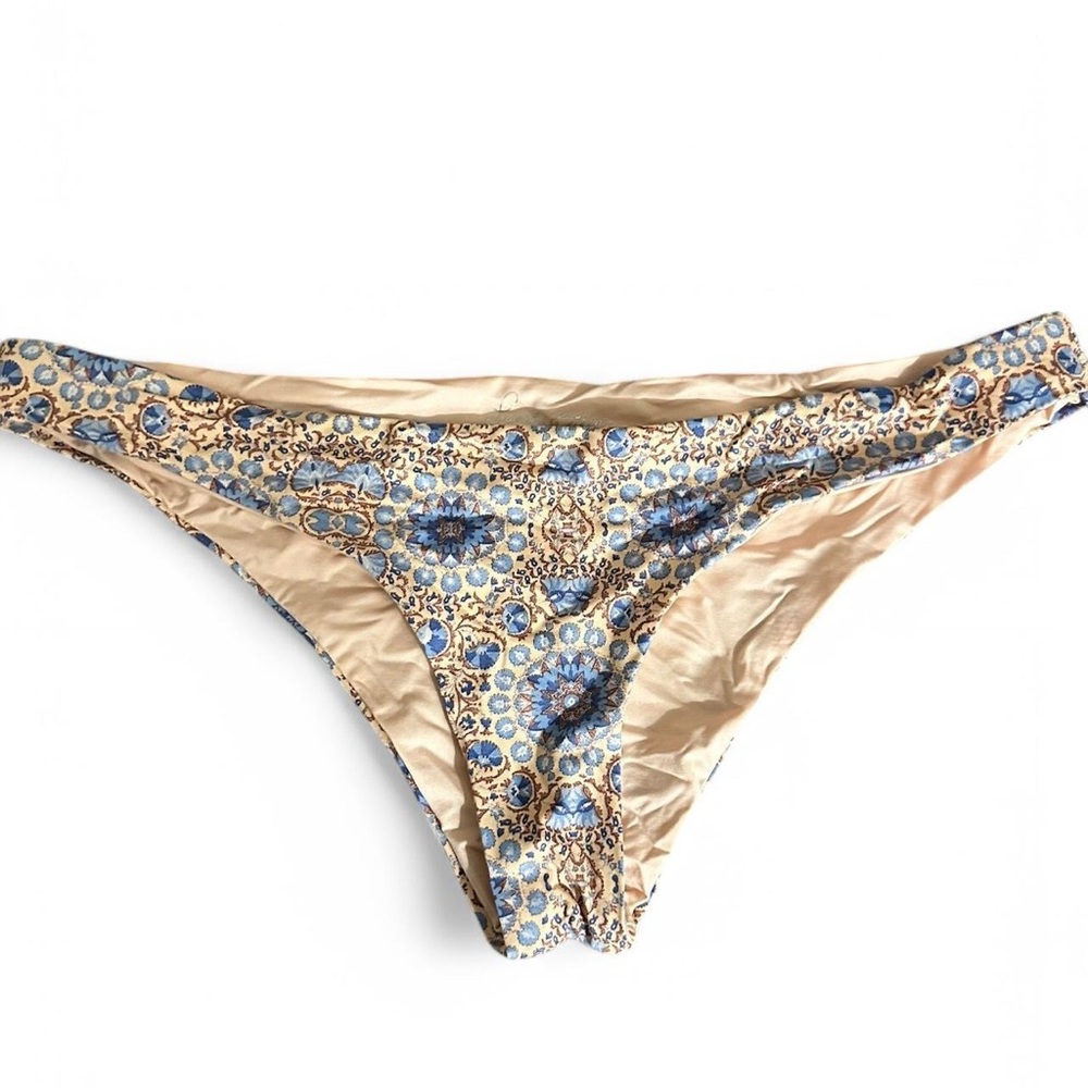 Frankie's Bikinis Beige and Blue Floral-Print Bikini Bottom